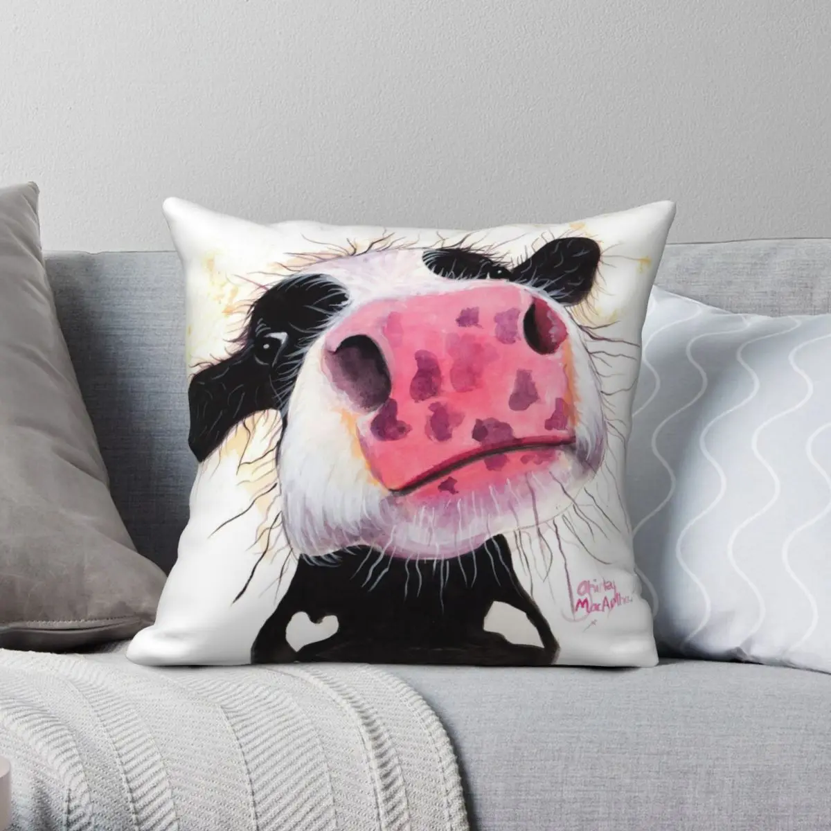 

Чехол для подушки из полиэстера и льна, с принтом коровы и черники