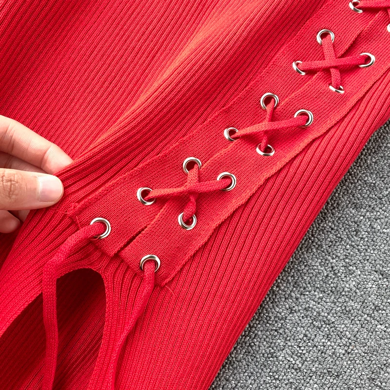 

Vintage 2020 Slim lace up Bodycon Knitted midi Dress Summer sexy split Party dress Women tank sundress Club knee length dresses