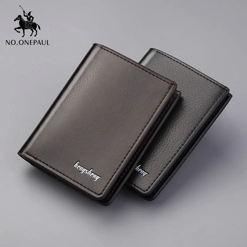 Мужской короткий кошелек NO.ONEPAUL черный тонкий однотонный из натуральной кожи с