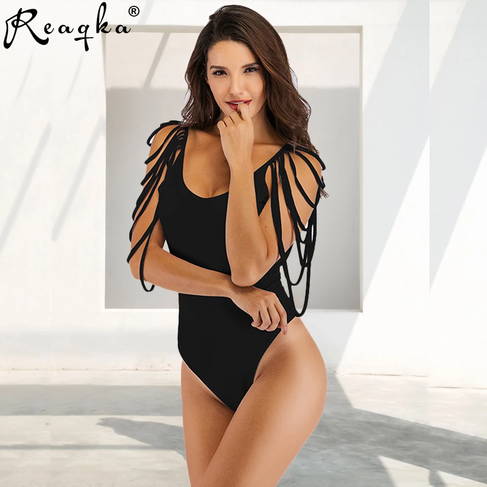 Женский купальник с открытой спиной черный пляжный комбинезон кисточками и V