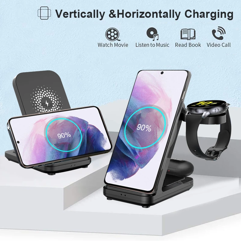 Soporte de cargador inal&aacute;mbrico 3 en 1 para Samsung Galaxy Watch 4 Active 2/1, estaci&oacute;n de carga r&aacute;pida de 15W para Samsung S21/S20-4