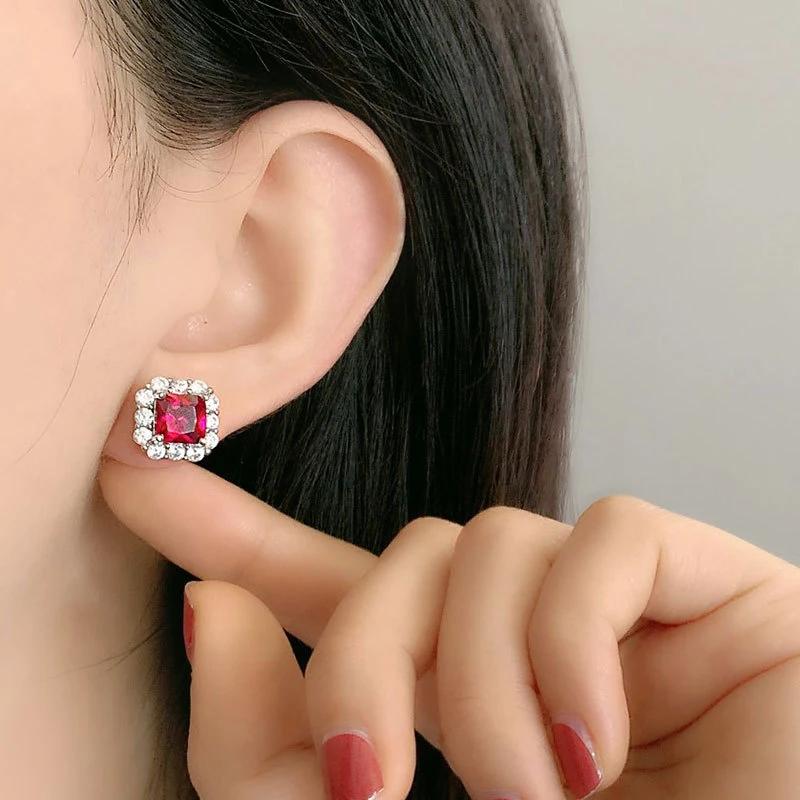 

ANZIW Sterling Silver Radiant Cut 7x7mm Lab Created Ruby Vintage Classic Stud Earrings For Women Jewelry Gifts
