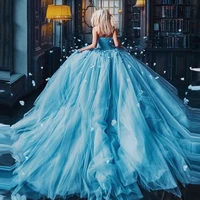 starpless puffy blue prom dress flower floral tulle ball gown chic vestido de fiesta evening dresses robe de soiree gala jurken