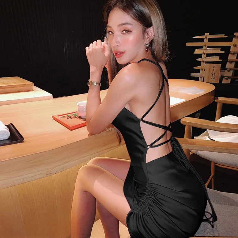 

Summer dress Women Strap Mini Dress Ruched Lace Up Cross Bandage Backless Bodycon Sexy Party Dresses 2021 Club Christmas Slim