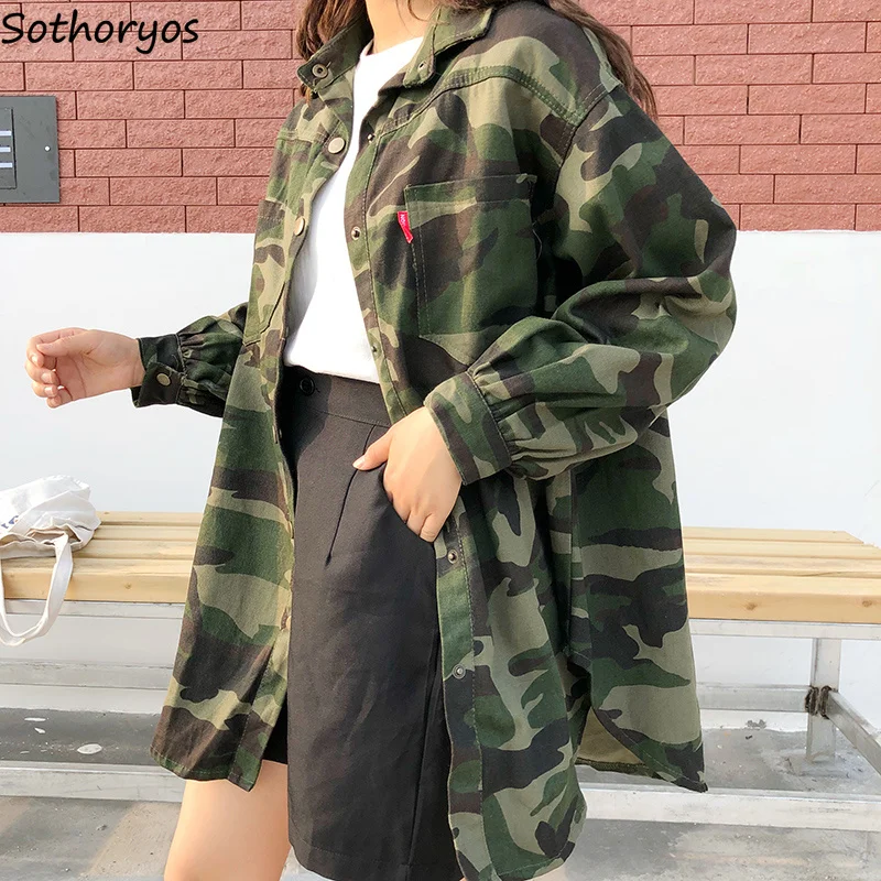 

Jackets Women Camouflage Puff Sleeve Single Breasted Turn-down Collar Loose Jacket Womens Cotton Korean Style BF Harajuku Coats