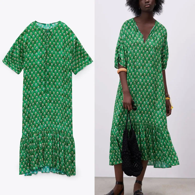 

2021 Retro Floral Print Long Green Dress Women Short Puff Sleeve O Neck Ruched Party Dresses Woman Ruffle Hem Sumemr Dress