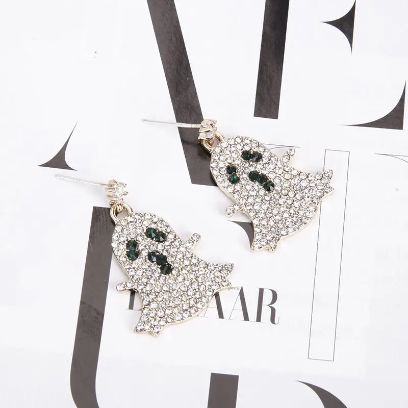 New Halloween Ear Post Stud Earrings Znic Alloy Gold &amp Ghost Clear Rhinestone For Women Girl Holiday Jewelry Gift 1 Pair | Украшения и