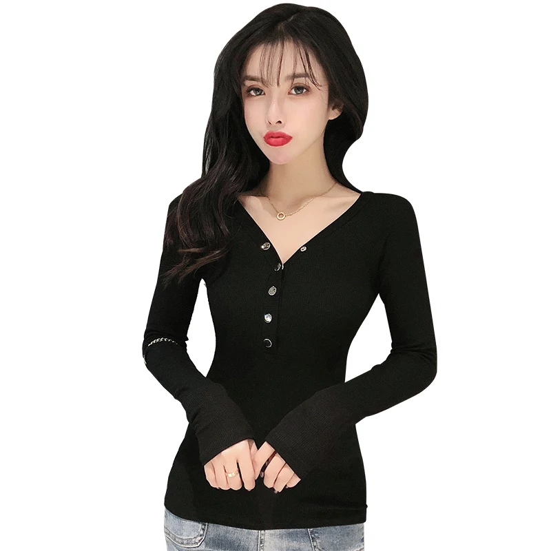 

2021 spring and autumn V-neck long-sleeved clavicle knitted sweater tight-fitting women's clothing with western style