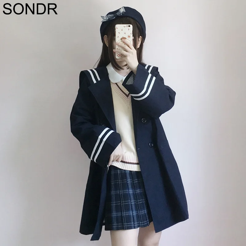 

2020 Winter Preppy Style Windbreaker Jacket Women Korean Loose All-Match Solid Navy Collar Mid Long Autumn Women Trench Coat New