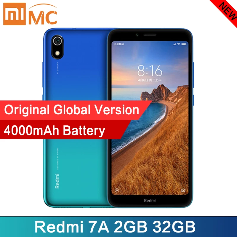 Смартфон Xiaomi Redmi 7A с глобальной версией, 2 Гб, 32 ГБ, Восьмиядерный процессор Snapdargon 5,45 HD 439, аккумулятор 4000 мА · ч, долгий режим ожидания, мобильный телефон