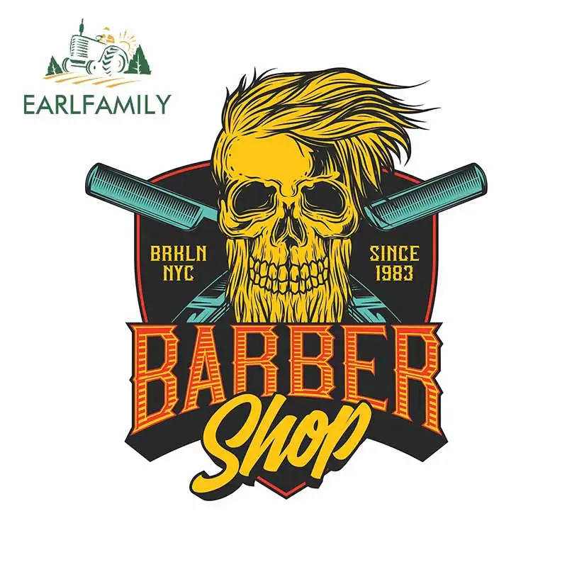 

EARLFAMILY 13cm x 11.9cm For Skull Barber Shop Car Decal Waterproof Car Stickers Scratch-proof Graffiti Sticker Waterproof Decor