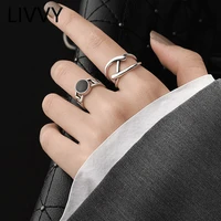 livvy fashion silver color double line irregular finger rings for women black round chain ring jewelry %c2%a0adjustable