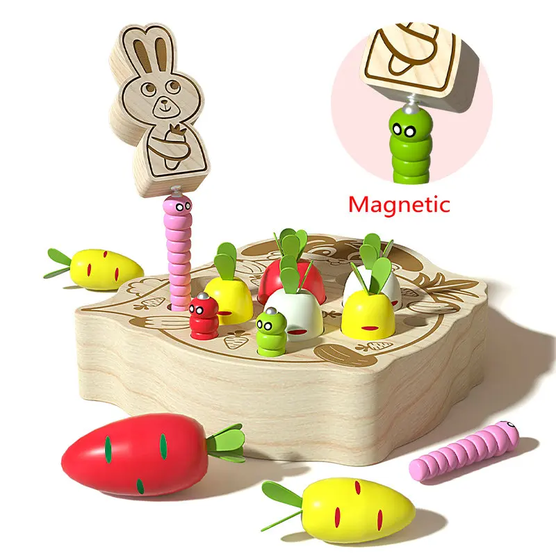 

Children's Wooden Rabbit Pulling Radish and Catching Insects Game Baby Early Enlightenment Training Montessori Educational Toys