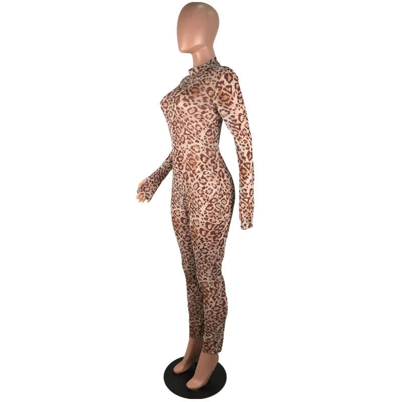 Сзади на молнии с длинным рукавом Леопардовый принт комбинезон Bodycon повязкой для