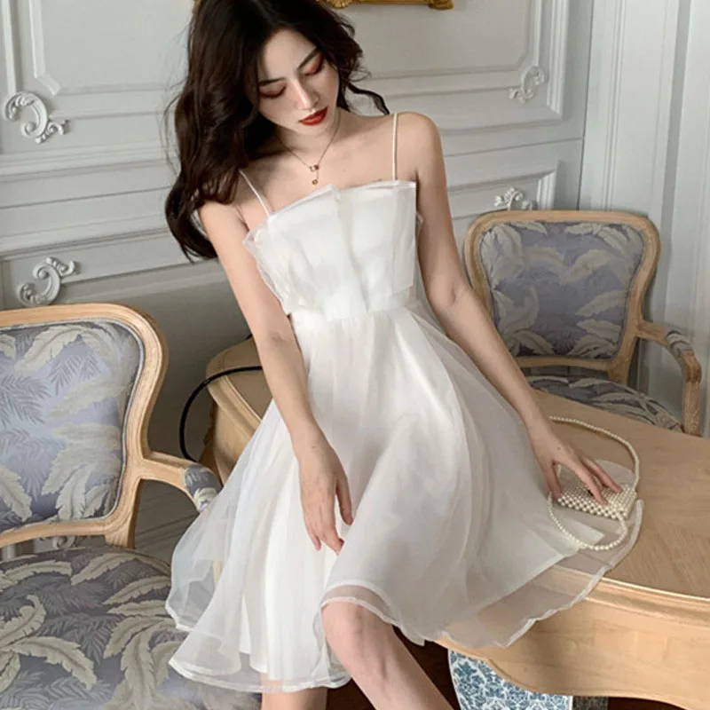 

2021 Summer New Casual Lace Vintage Elegant Sweet Super FairyOrganza Sling Vestidos Korea Fashion Chic Mini Skirt Dersses Women