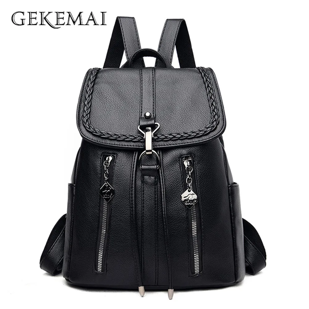 

Anti-theft Women Youth Leather Backpacks Weave Belt Buckle School Bags for Teenager Girls Double Zipper Shoulder Bag Daily Bag