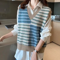 sweater vest women argyle vintage loose sleeveless v neck kniteed pullover jumper mujer woman sweaters autumn clothes women tops