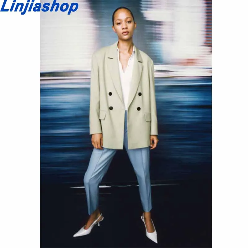 

Женский двубортный свободный Блейзер, винтажная верхняя одежда с длинным рукавом и карманами, шикарный пиджак