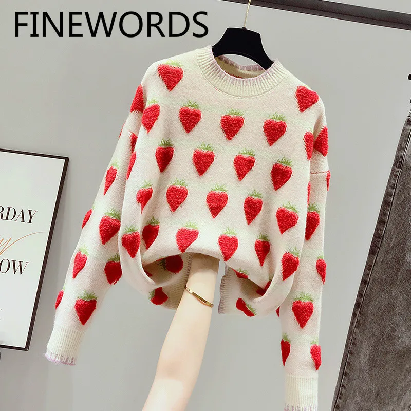 Вязаный свитер с вышивкой клубники FINEWORDS корейские винтажные милые