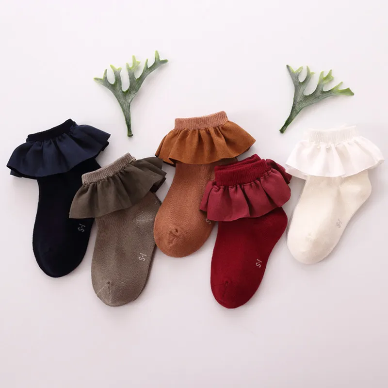 

2021 New 5 Color kid short socks with lace welt funny happy knitted infant newborn toddler baby socks for girls age 2-8Y