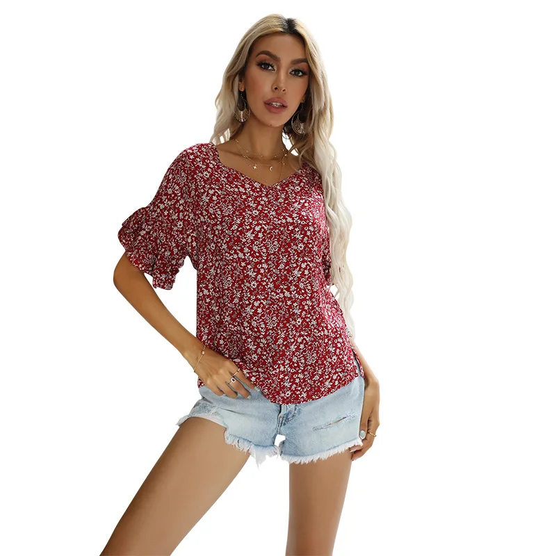 

Summer 2021 Floral Print Top Mujer Loose Waist Woman Tshirts Casual Red Short Sleeve Tee Vintage V-neck Chiffon Shirts for Women