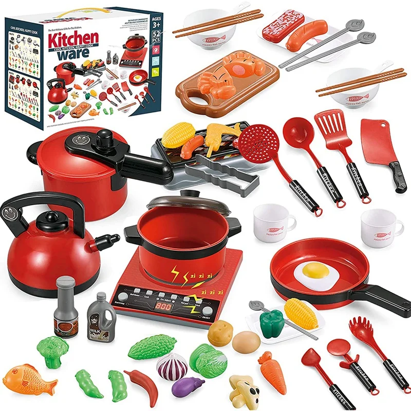 

Kids Pretend Play Toys Kitchen Cooking Set with Cookware Pots and Pans Set, Cutting Food,Kitchen Induction Cooker Toys