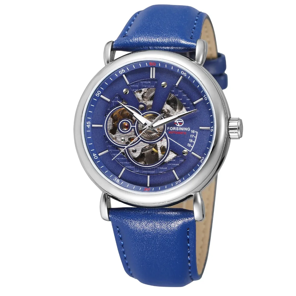 

Часы наручные FORSINING Мужские механические, модные синие брендовые Роскошные с полым ремешком и чехлом с гравировкой, спортивные