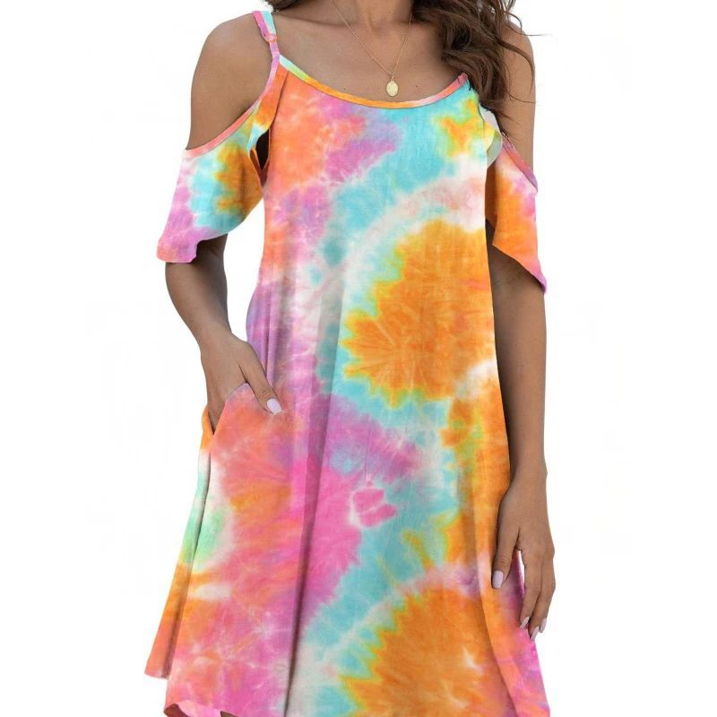 

Summer Ladies Fashion Short-sleeved Thin Knee-length Skirt Solid Color Tie-dye Round Neck Sexy Hollow Strapless High Waist Dress