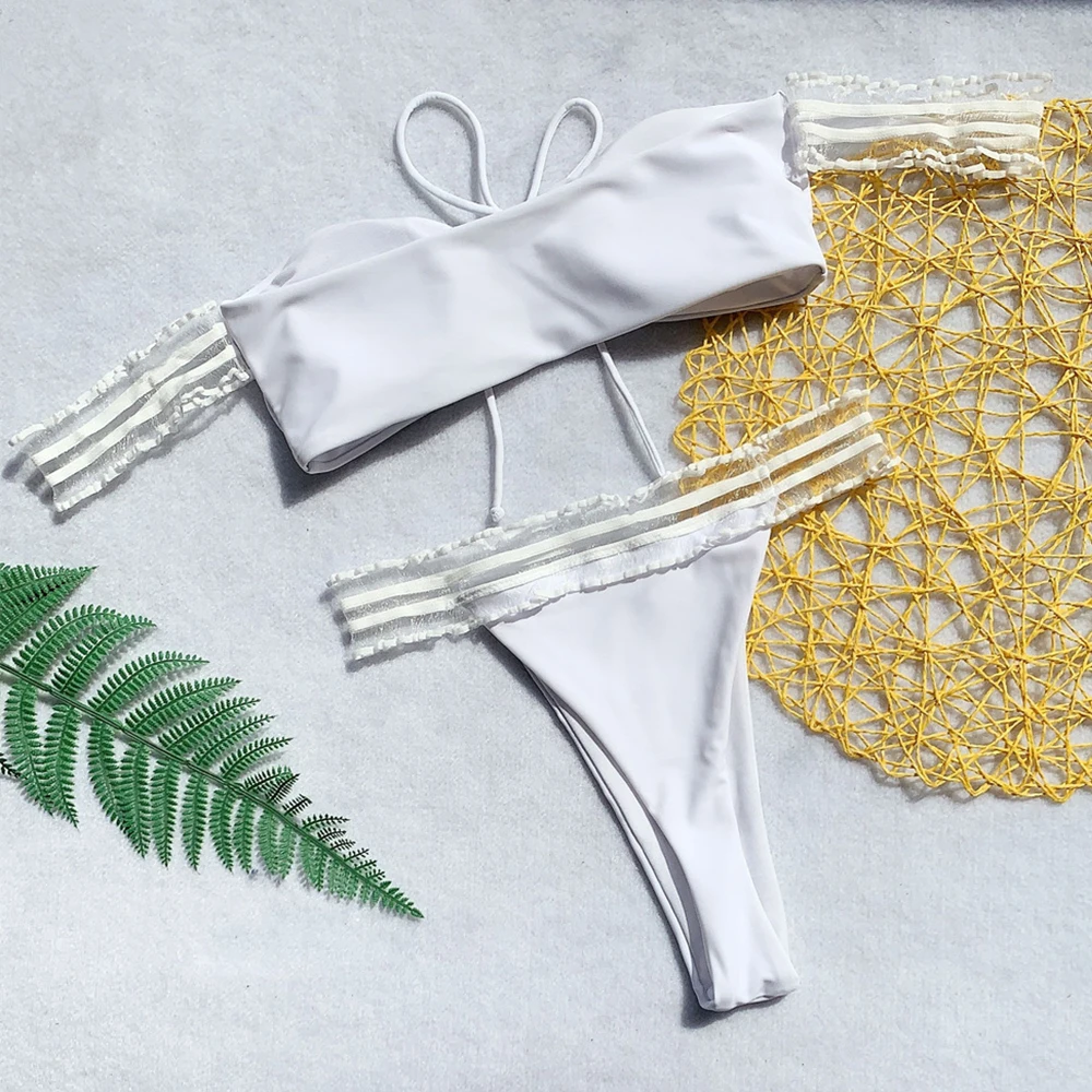 Женское бикини с открытыми плечами белый кружевной купальник бандо сексуальный