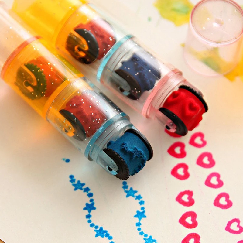 

3pcs Mini Ink Stamp Roller Diary Seal Fun Kids Toy Ink Pad Cartoon Combined Roller Stamp Kindergarten DIY Supplies Random Color