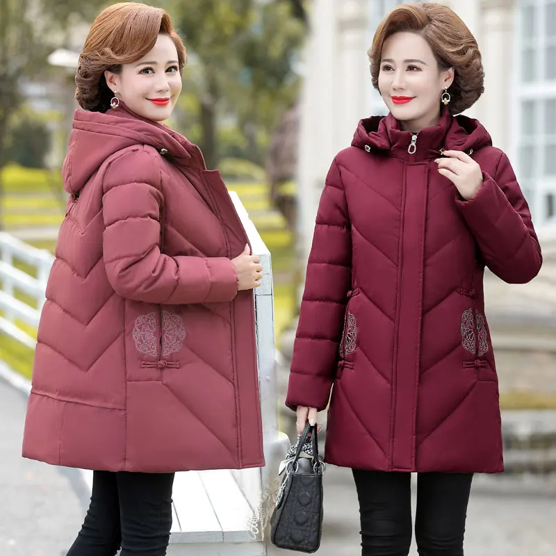 winter clothes women mother middle-aged and elderly ladies plus velvet thick hooded pure color cotton coat woman parkas