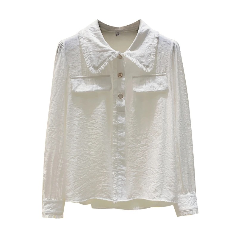Женская блузка с длинным рукавом белая однотонная бахромой в стиле Френч осень