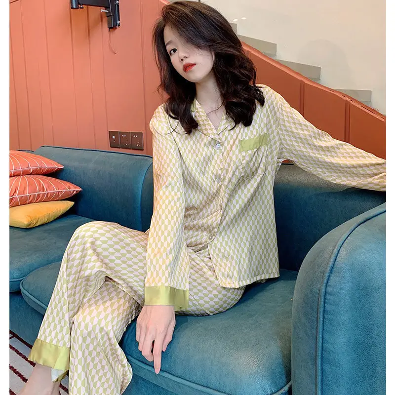 

QWEEK Silk Pajama Set Women Autumn Pijama Geometric Print Sleepwear Elegant Luxury Pyjamas Female Bedroom Set Woman 2 Piece Suit