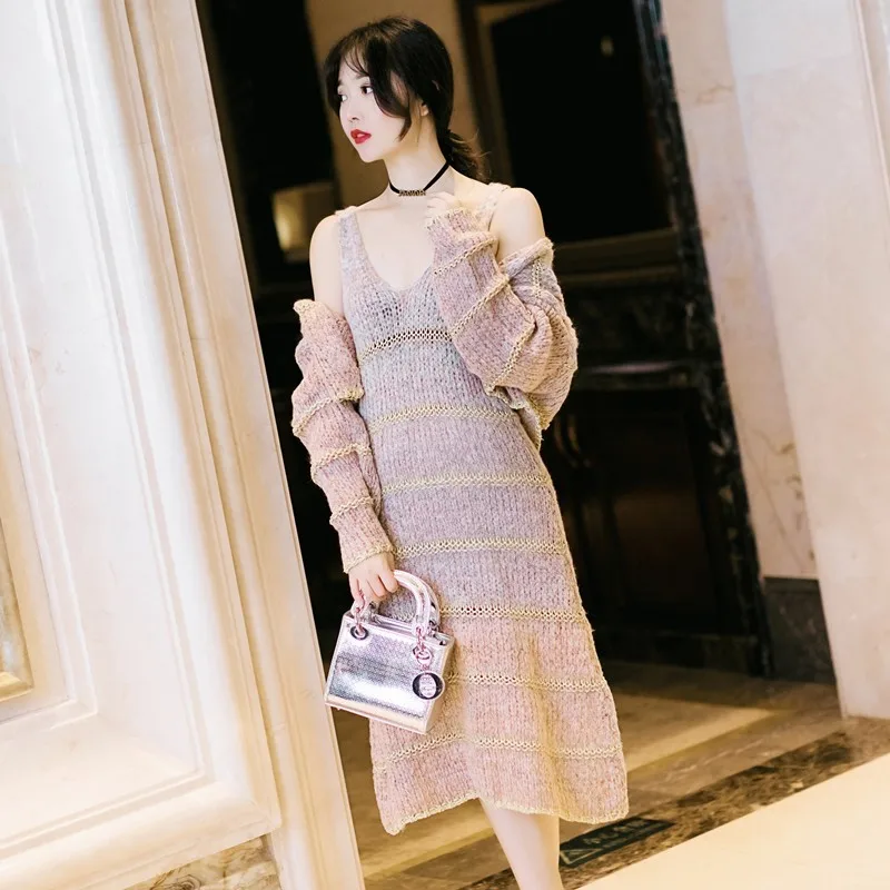 

Bohemian Womens Sexy V Neck Loose Fit Long Cardigan 2 Pcs Set Crochet Striped Knitwear Suits Dress Jacket Party Outfits