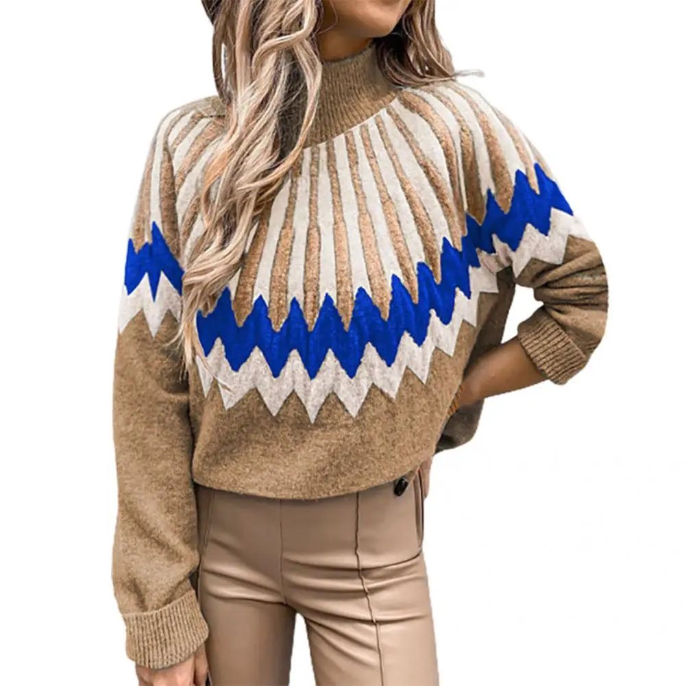 

Women Ethnic Rhombus Pattern Half Turtleneck Sweater Lady Knitted Pullover Geometry Pattern for Gathering