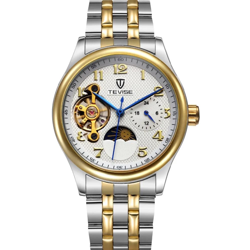 Switzerland TEVISE Moon фазный Автоматический мужские механические часы Tourbillon кожаный