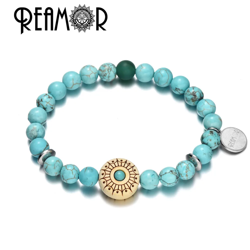 YSBK001 d REAMOR натуральная бирюза этнический браслет из деревянных бусин homme Модные Браслеты Мужчины/Женщины браслет ювелирные изделия подарок - Окраска металла: YSBK001 d