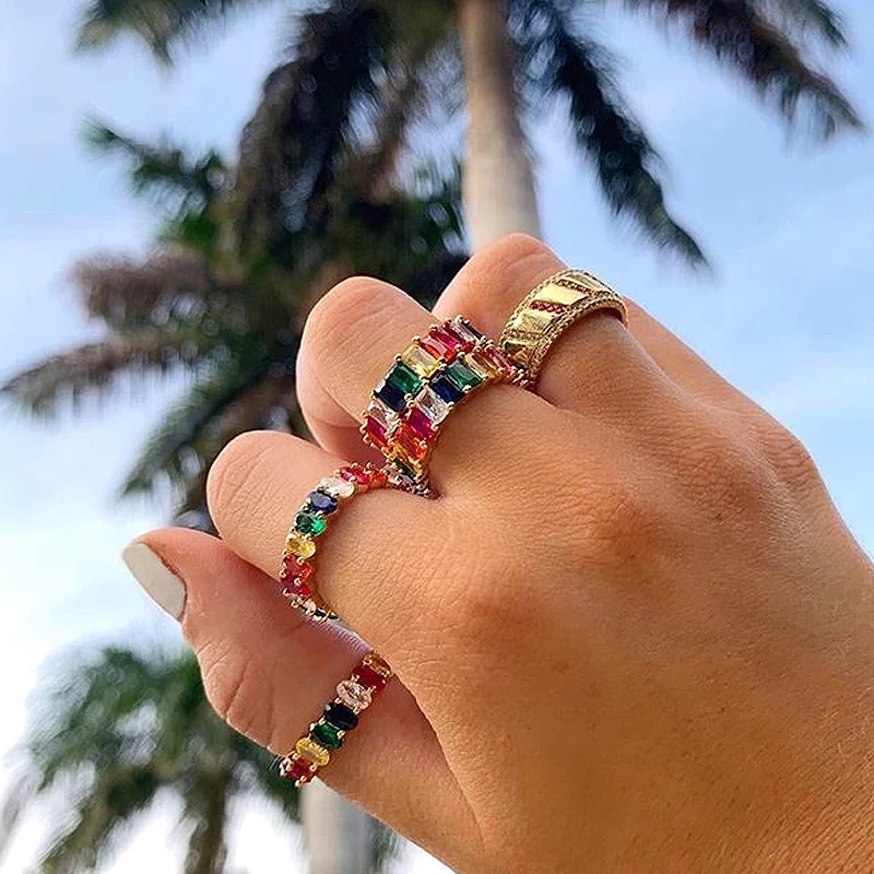 Радужные блестящие красочные милые кольца в Богемном Стиле Радуги Стразы CZ панк