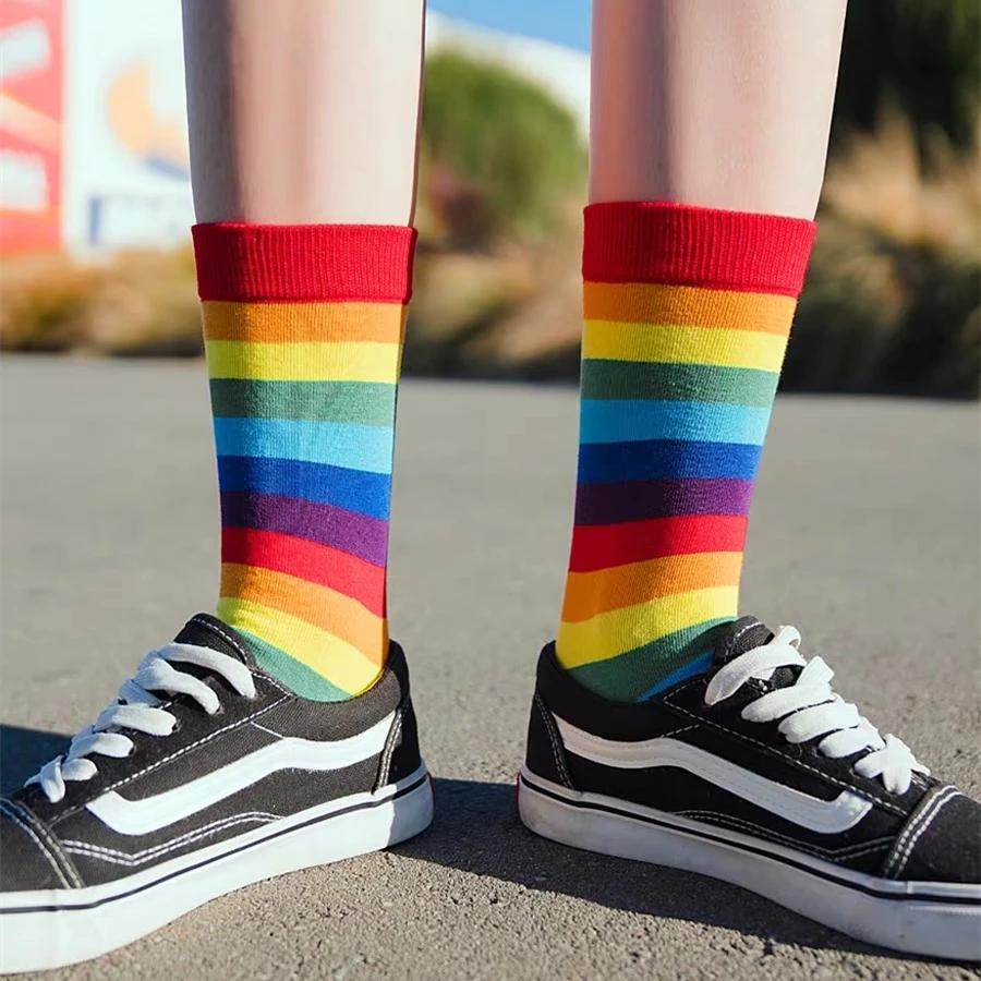 Socks Women's Rainbow Lovers Spring Summer Colorful Print Stripe Cotton Outdoor Sport Street Harajuku Kawai Men Socks