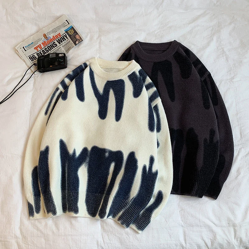 

Thick Round Neck Sweater Men's Loose Knitting Printed Sweaters Casual All-match Long-sleeved Pullover Male Clothes Autumn Winter