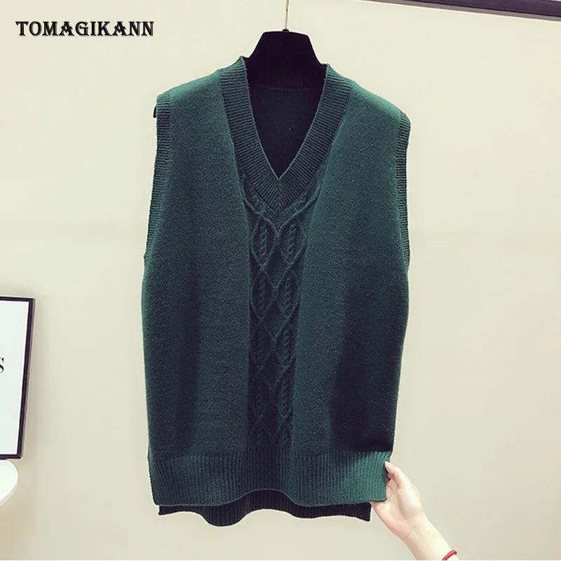 Сплошной свитер без рукавов жилет для женщин Плетеный v образный вырез пуловеры