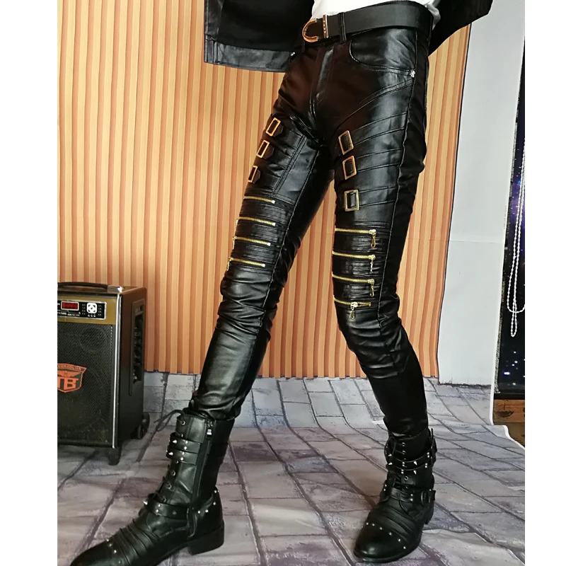 Брюки мужские зимние на молнии облегающие черные кожаные брюки узкие в стиле хип
