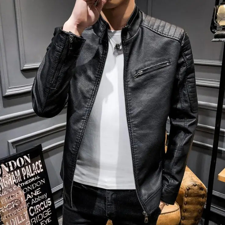Warm mens leather jacket slim motorcycle coat men jackets casual clothes stand collar jaqueta de couro stage street fashion