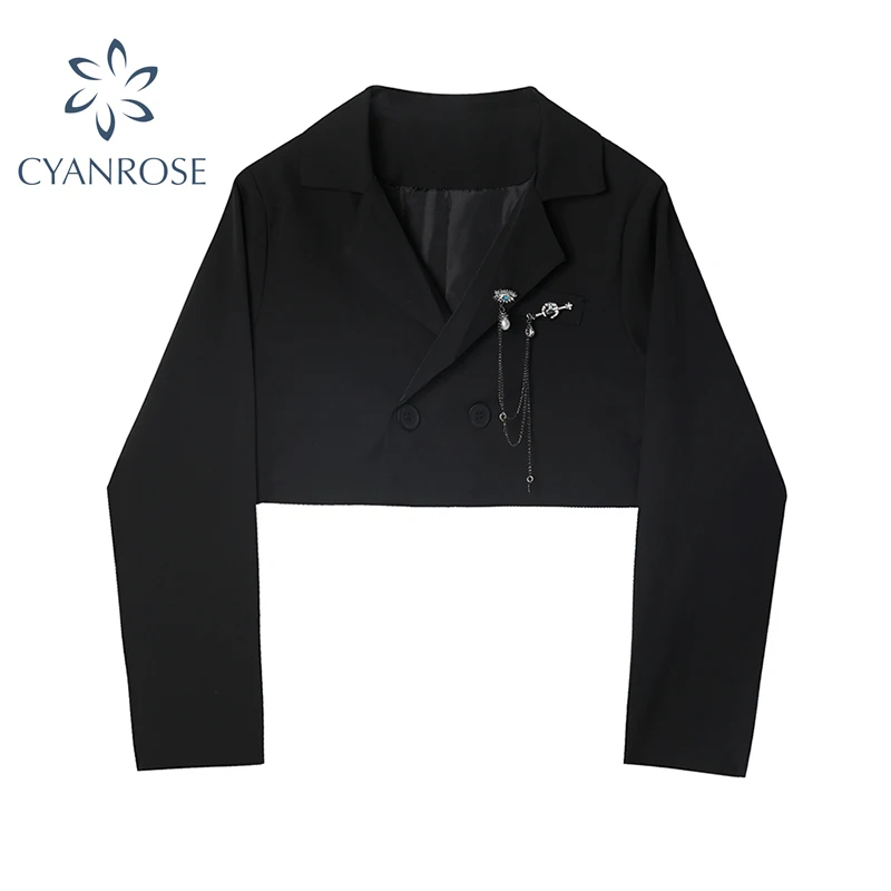 Женский пиджак с цепочкой повседневный винтажный черного цвета длинным рукавом