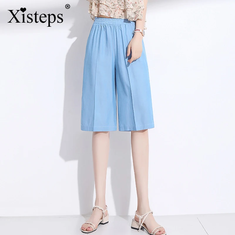 

Брюки Xisteps женские с эластичным поясом, тонкие крутые Свободные повседневные однотонные штаны до колен, с широкими штанинами и карманами, ле...