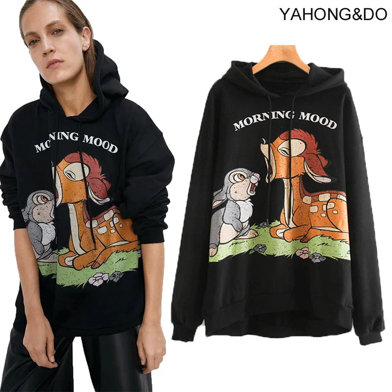 Za 2019 женские толстовки с капюшоном рисунком олененка длинным рукавом Женская