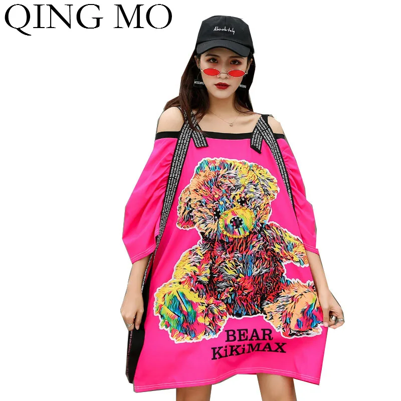 QING MO красное женское платье с открытыми плечами 2020 принтом медведя и лентой