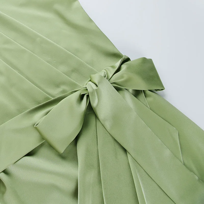 

Women Midi Dresses Sexy One Shoulder Satin Elegant Ruched Lace Up Bodycon Party Dress summer Sleeveless Slit Green Pink Dress