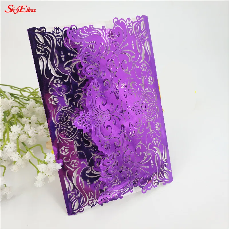 bright purple 10/30 шт. белый перламутровой Бумага лазерная резка свадебные приглашения карты с лентой по заказу Свадебный декор вечерние поставки 6z - Цвет: bright purple