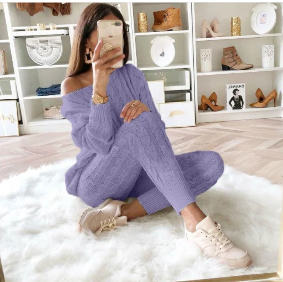 

Autumn and Winter women's knitting Costume Solid Color V-neck Twist Sweater Elastic Pants Knit Suit Pants Two-piece Sets